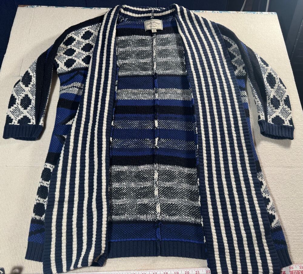 Lucky Brand Women's Medium Cotton Acrylic Open Front Sweater Duster Western Blue